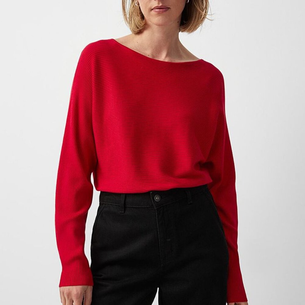 Red Dolman/Batwing Sleeve Ribbed Boatneck Sweater